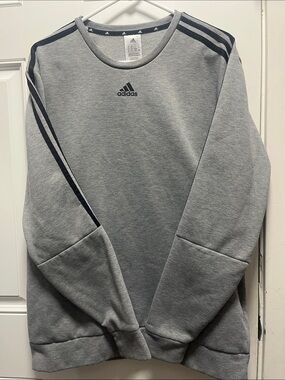 adidas Gray Crewneck Sweatshirt with Black 3-Stripes- fleece